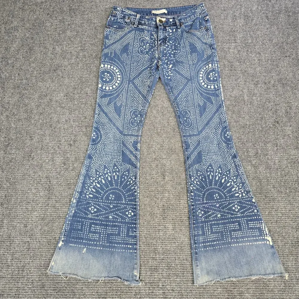 Free People Bali Flare Jeans 27 Bleach Geometric Mandala Blue Womens 30x33
